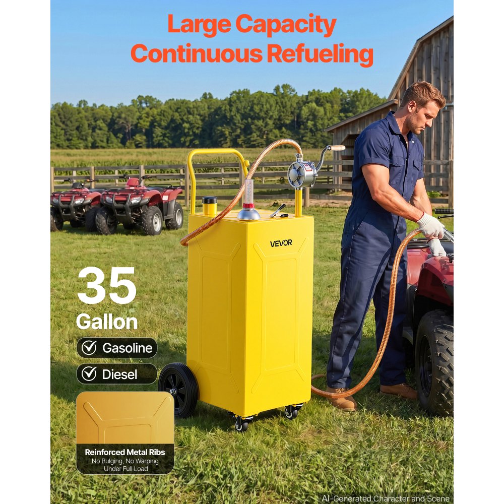 VEVOR 132,5L Brandstoftrolley Mobiel Tanksysteem met Handpomp, Geel, Draagbare Brandstoftank voor Auto's, Grasmaaiers, Boten, Met 4 Wielen & Oliepeilindicator, Voor Benzine & Diesel, Koolstofstaal