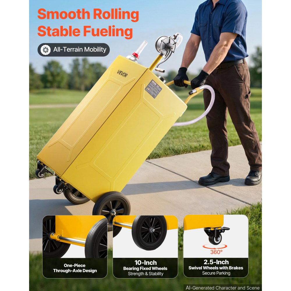 VEVOR 132,5L Brandstoftrolley Mobiel Tanksysteem met Handpomp, Geel, Draagbare Brandstoftank voor Auto's, Grasmaaiers, Boten, Met 4 Wielen & Oliepeilindicator, Voor Benzine & Diesel, Koolstofstaal