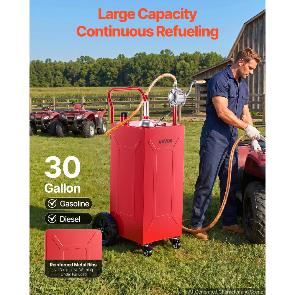 VEVOR 113,6L Brandstoftrolley Mobiel Tanksysteem met Handpomp, Rood, Draagbare Brandstoftank voor Auto, Grasmaaier, Boot, Met 4 Wielen & Oliepeilindicator, Voor Benzine & Diesel, Koolstofstaal