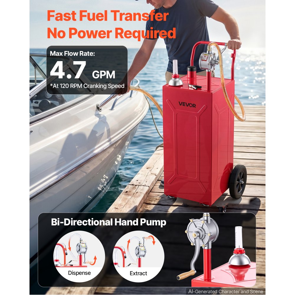 VEVOR 113,6L Brandstoftrolley Mobiel Tanksysteem met Handpomp, Rood, Draagbare Brandstoftank voor Auto, Grasmaaier, Boot, Met 4 Wielen & Oliepeilindicator, Voor Benzine & Diesel, Koolstofstaal