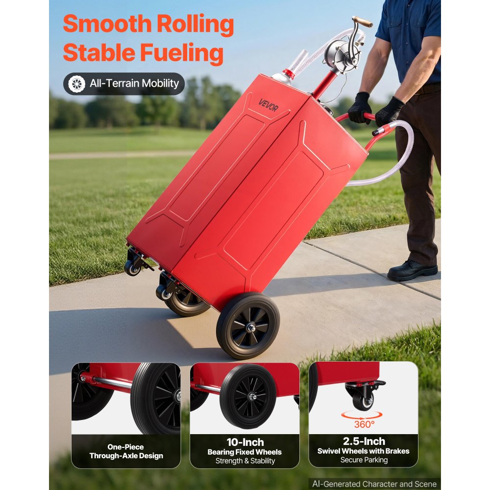 VEVOR 113,6L Brandstoftrolley Mobiel Tanksysteem met Handpomp, Rood, Draagbare Brandstoftank voor Auto, Grasmaaier, Boot, Met 4 Wielen & Oliepeilindicator, Voor Benzine & Diesel, Koolstofstaal
