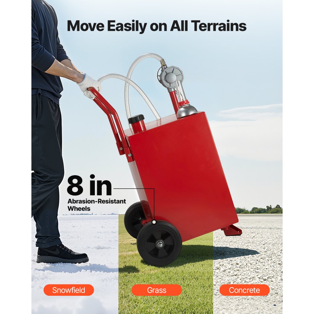 VEVOR 20 Gallon Fuel Caddy, Gasoline & Diesel Fuel Tank with Manual Transfer Pump, Portable Fuel Storage Tank with 2 Wheels & 10 ft Hose, Gas Caddy for Cars, Lawn Mowers, ATVs, Boats, More, Red