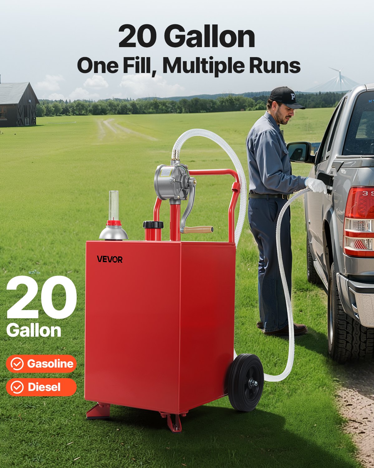 VEVOR 20 Gallon Fuel Caddy, Gasoline & Diesel Fuel Tank with Manual Transfer Pump, Portable Fuel Storage Tank with 2 Wheels & 10 ft Hose, Gas Caddy for Cars, Lawn Mowers, ATVs, Boats, More, Red