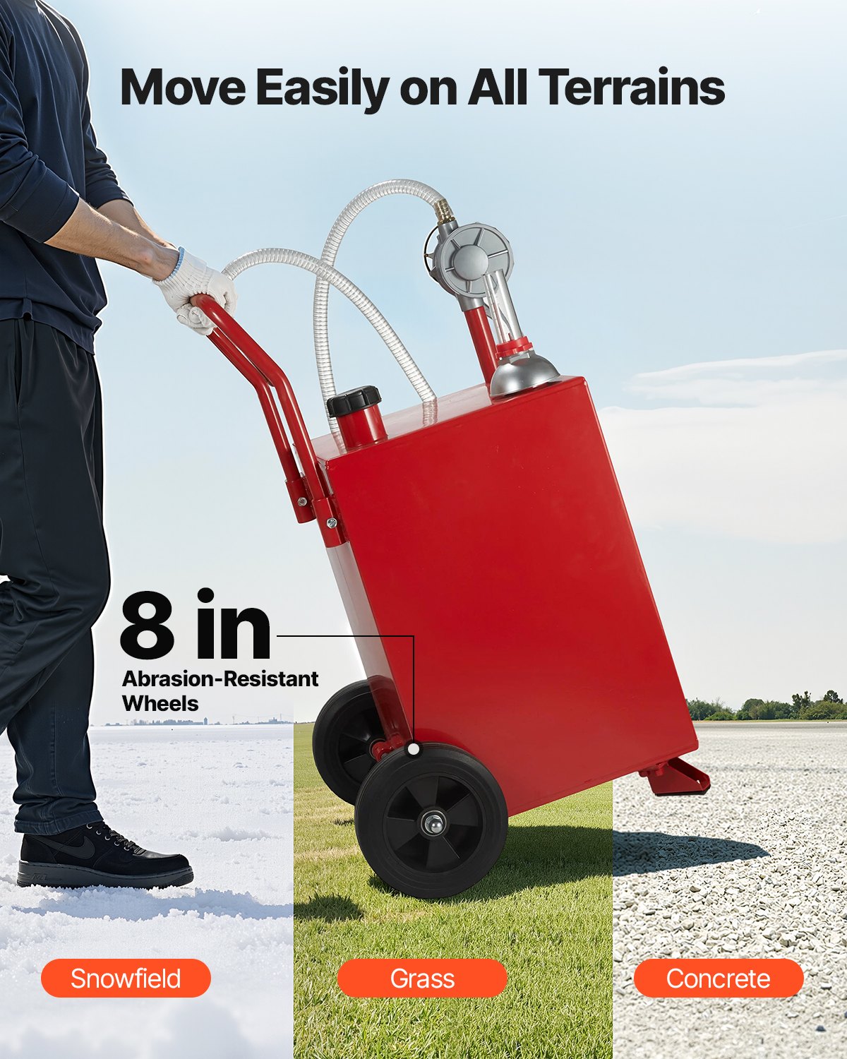 VEVOR 20 Gallon Fuel Caddy, Gasoline & Diesel Fuel Tank with Manual Transfer Pump, Portable Fuel Storage Tank with 2 Wheels & 10 ft Hose, Gas Caddy for Cars, Lawn Mowers, ATVs, Boats, More, Red