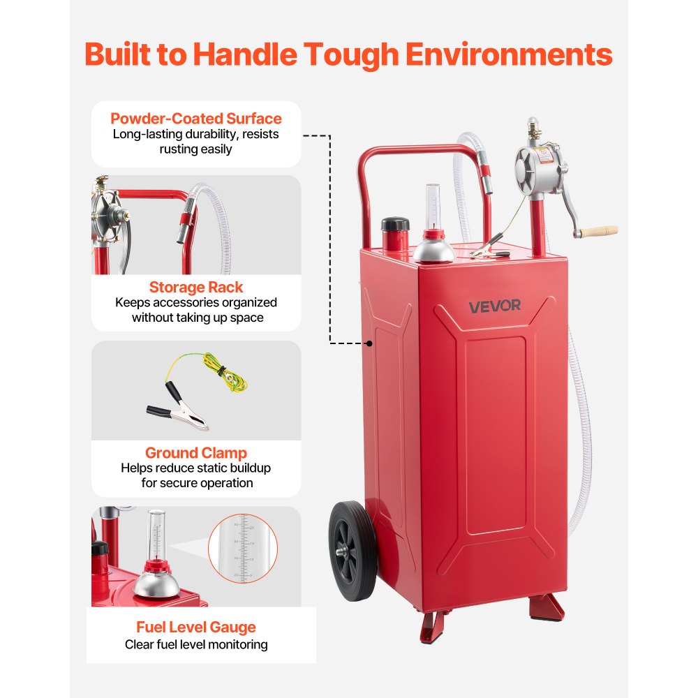 VEVOR 113,6L Brandstoftrolley Mobiel Tanksysteem met Handpomp, Draagbare Brandstoftank voor Auto, Grasmaaier, Boot, Met 2 Wielen & Oliepeilindicator, Voor Benzine & Diesel, Koolstofstaal, Rood