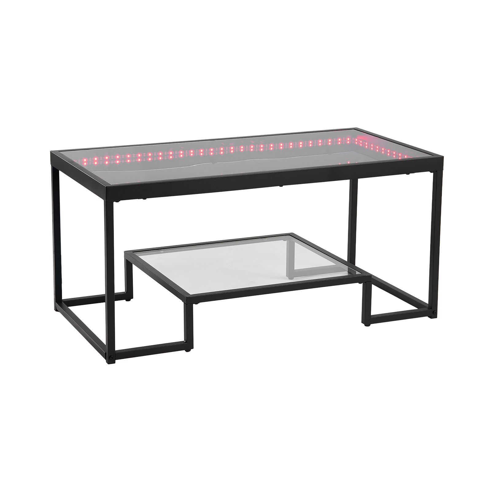 VEVOR Coffee Table, Modern Tempered Glass Coffee Table with Lighting, 2 Tiers Rectangle Glass Center Desk with Open Storage, Minimalist Metal Accent End Desk for Living Room, Office, Easy Assembly