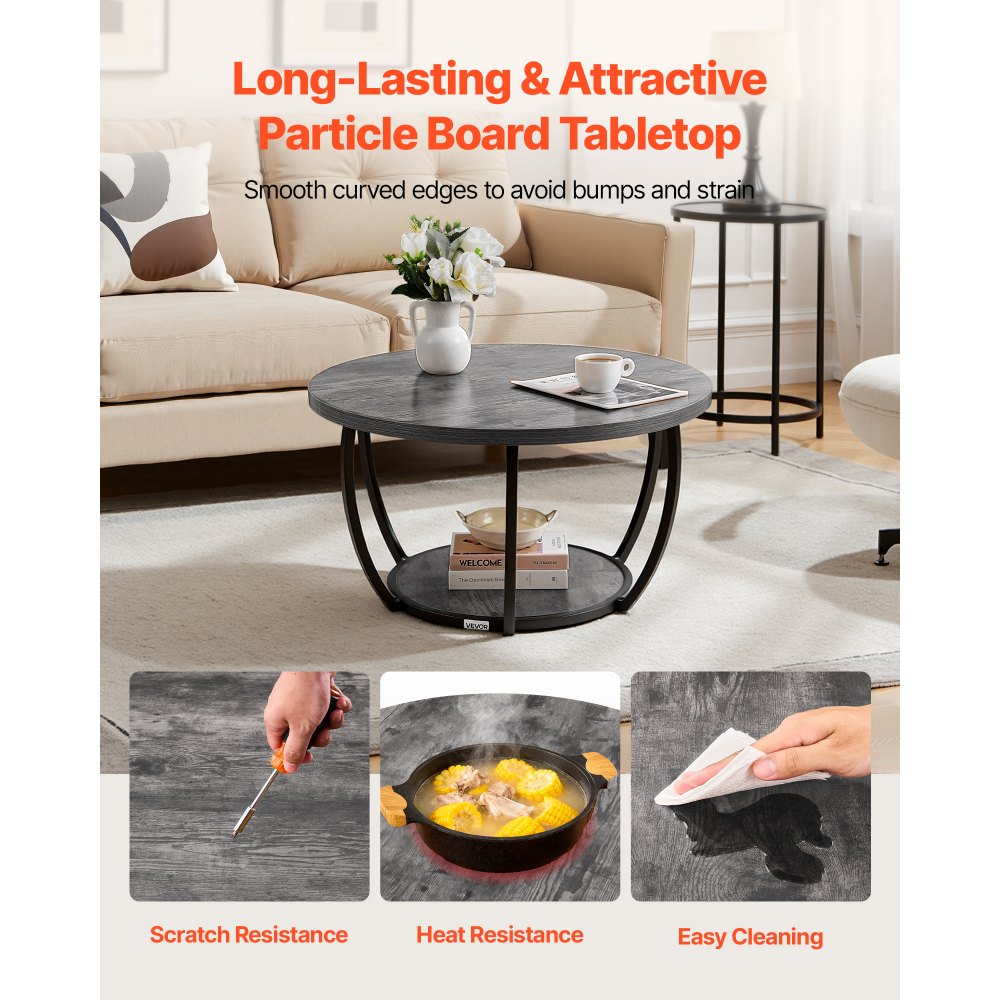 VEVOR Coffee Table, Modern Round Coffee Table, 2 Tiers Wooden Circle Center Desk with Open Storage, Minimalist Sturdy Metal Frame Accent End Desk for Living Room, Office, Easy Assembly, Grey