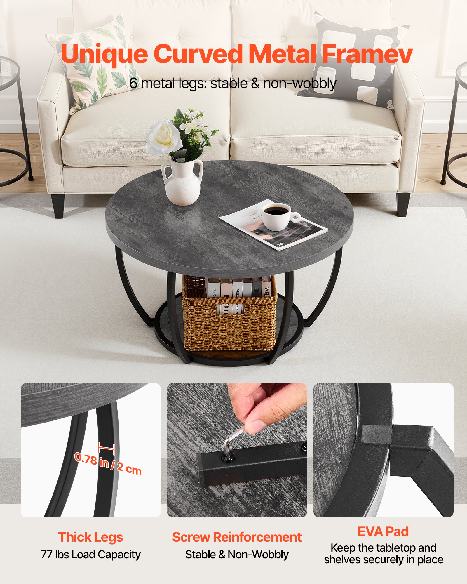 VEVOR Coffee Table, Modern Round Coffee Table, 2 Tiers Wooden Circle Center Desk with Open Storage, Minimalist Sturdy Metal Frame Accent End Desk for Living Room, Office, Easy Assembly, Grey