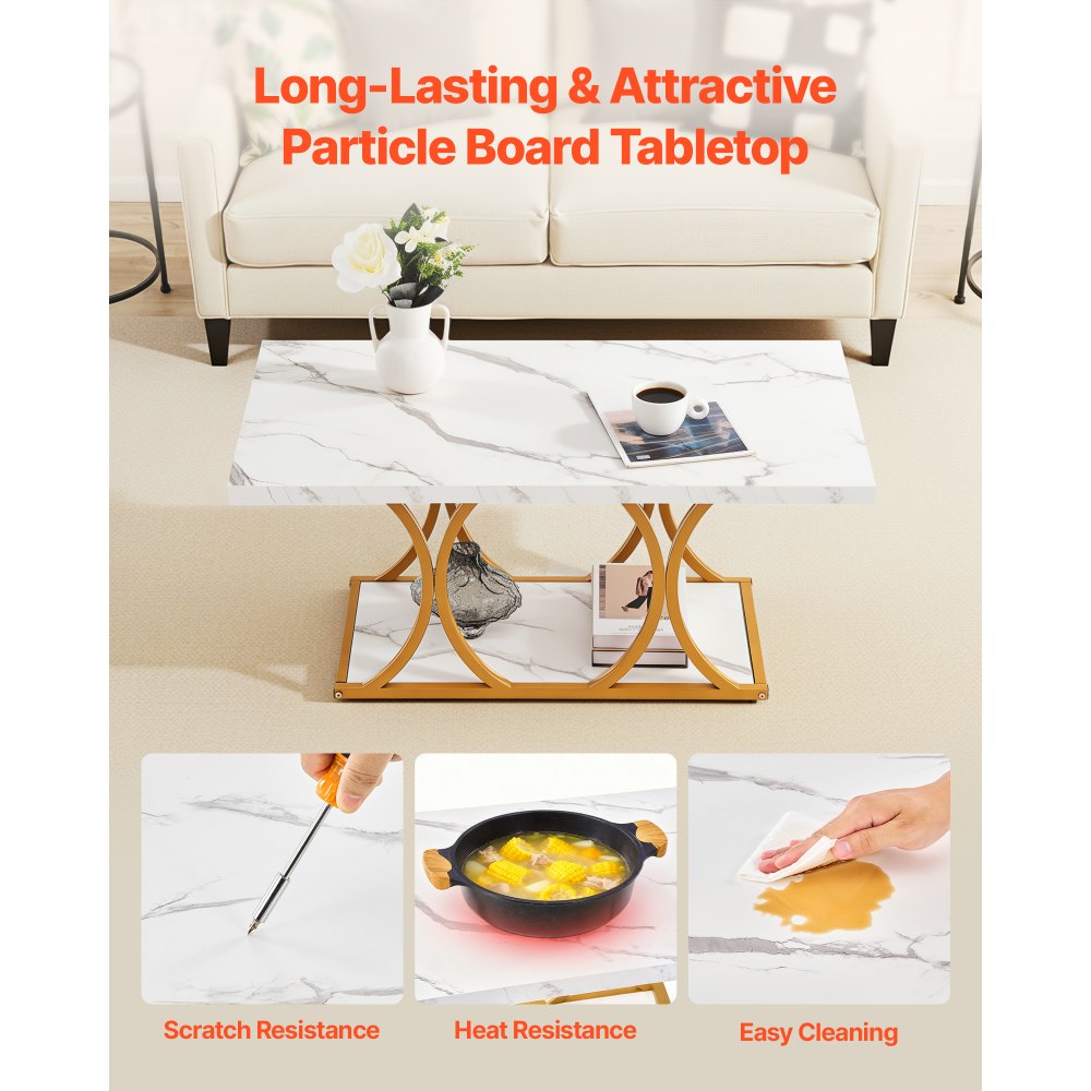 VEVOR Salontafel/Bijzettafel in marmerlook, Rechthoekige bijzettafel met twee niveaus, metalen frame en geometrische poten, draagvermogen van 95 kg, Minimalistische woonkamertafel wit