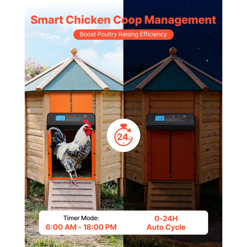 VEVOR Automatic Chicken Coop Door, Battery Powered Chicken Coop Door with Timer & Manual Setting, Anti-Pinch Security, Durable Aluminum Alloy, Chick Run Gate Opener with Waterproof Sealing, Orange