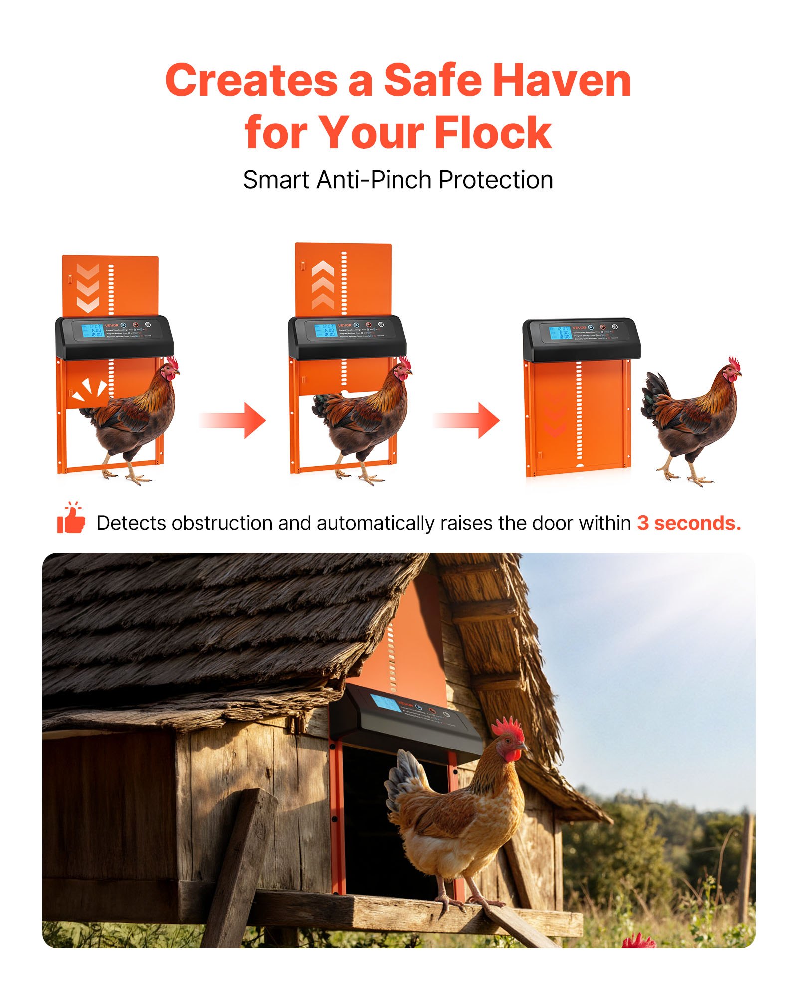 VEVOR Automatic Chicken Coop Door, Battery Powered Chicken Coop Door with Timer & Manual Setting, Anti-Pinch Security, Durable Aluminum Alloy, Chick Run Gate Opener with Waterproof Sealing, Orange