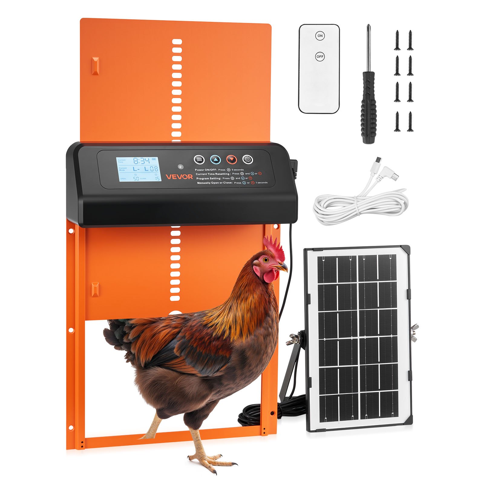 VEVOR kippenhokdeur, werkt op zonne-energie en batterijen, met lcd-display, afstandsbediening, lichtsensor en timer, anti-beknellingsbeveiliging, aluminiumlegering, 350x250x73 mm, oranje