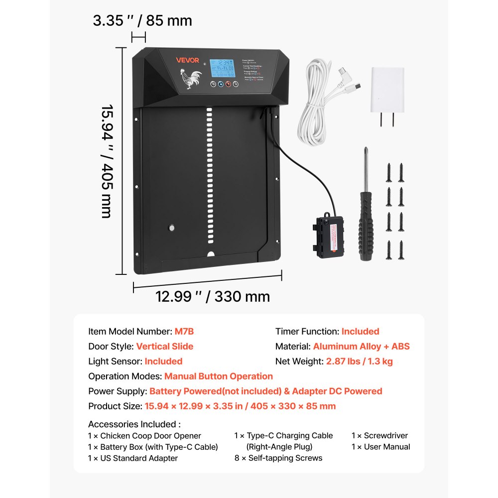 VEVOR Automatisch Kippenluik, Kippenluik met LCD-scherm, Lichtsensor, Timer, Handmatige Verstelling, Bescherming tegen Knelen, Kippenhokluik, Kippenrenpoortopener voor Boerderij, 405x330x85 mm