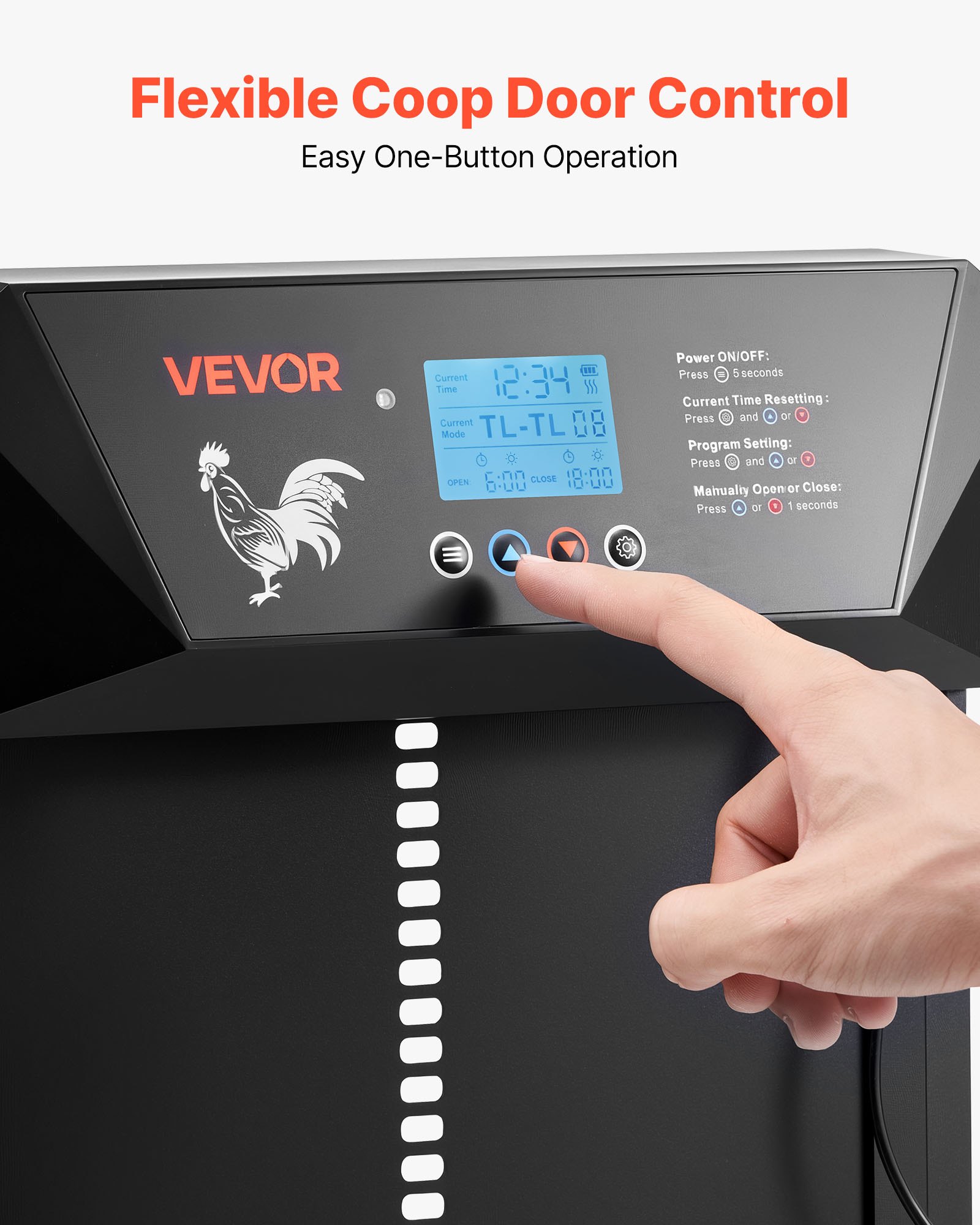 VEVOR Automatische kippenhokdeur met lcd-display, lichtsensor, timer, handmatige instelling, anti-beknellingsbeveiliging, kippenhokdeur, poortopener voor kippenrennen op boerderijen, 405x305x68 mm