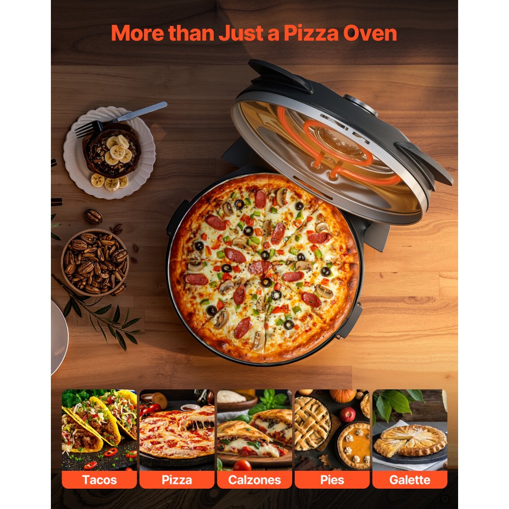 VEVOR Pizza Oven, 12 in Electric Pizza Maker, 1200W Electric Pizzas Cooker with Cordierite Stone, 5-Mode Temperature Control, Viewing Window for Precise Cooking, Heats up to 788 ˚F, for Home (Black)