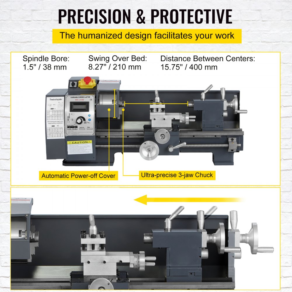 VEVOR Updated 750W Mini Metal Lathe 8x16 Inch Metal Lathe with Luxury Accessory Box, 50-2500PRM Infinitely Variable Speeds MT3 Spindle Taper Metal Lathe Machine with Movable Lamp 4-jaw Chuck 9 Cutters