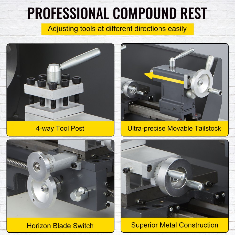 VEVOR Updated 750W Mini Metal Lathe 8x16 Inch Metal Lathe with Luxury Accessory Box, 50-2500PRM Infinitely Variable Speeds MT3 Spindle Taper Metal Lathe Machine with Movable Lamp 4-jaw Chuck 9 Cutters