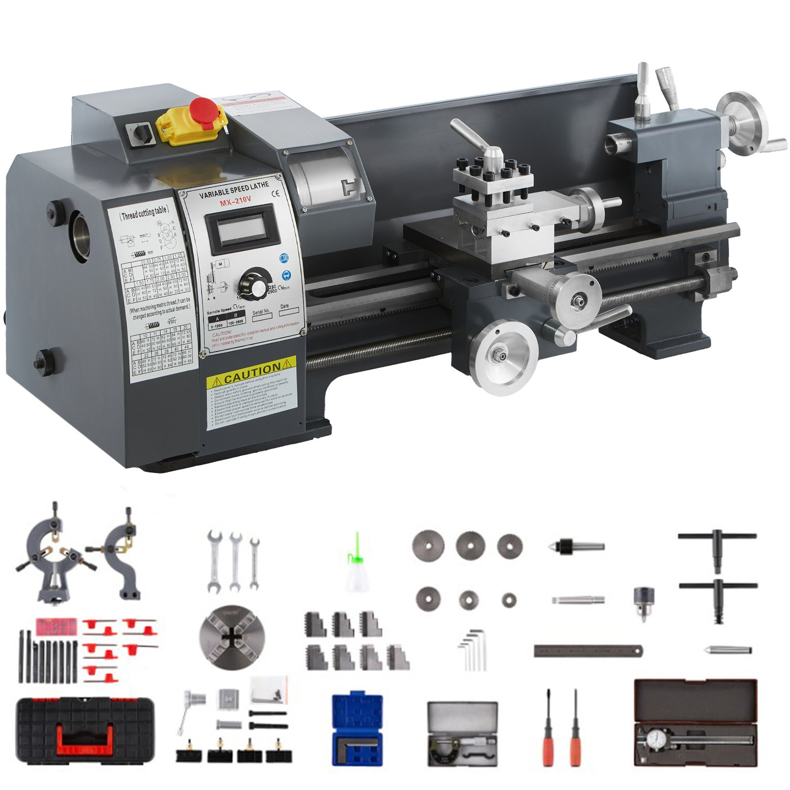 VEVOR Updated 750W Mini Metal Lathe 8x16 Inch Metal Lathe with Luxury Accessory Box, 50-2500PRM Infinitely Variable Speeds MT3 Spindle Taper Metal Lathe Machine with Movable Lamp 4-jaw Chuck 9 Cutters
