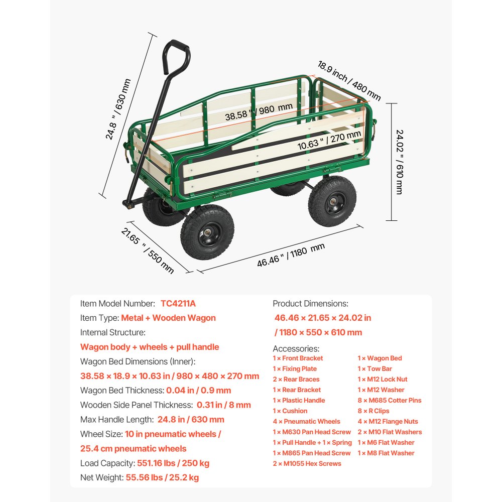 VEVOR Kinderhandkar, 118 cm, transportkar met duwstang, gemaakt van hout en metaal, max. 250 kg draagvermogen, ideaal voor kinderen vanaf 5 jaar, voor in de tuin, uitstapjes en op het strand, groen en zwart