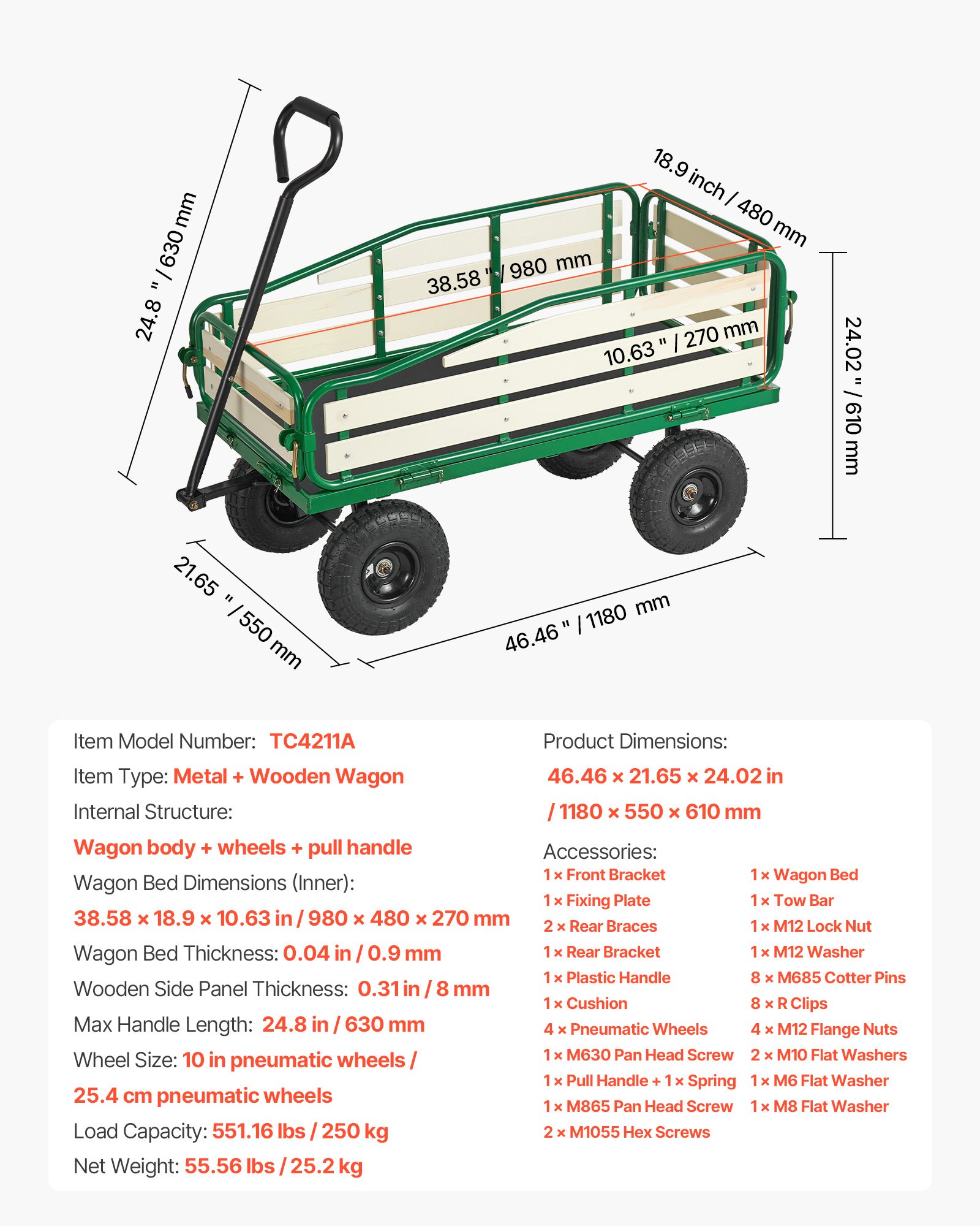 VEVOR Kinderhandkar, 118 cm, transportkar met duwstang, gemaakt van hout en metaal, max. 250 kg draagvermogen, ideaal voor kinderen vanaf 5 jaar, voor in de tuin, uitstapjes en op het strand, groen en zwart