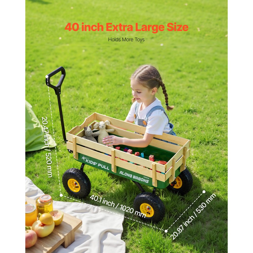 VEVOR Pull-Along Wagon for Kids, 101cm Toddler Wagons with Wooden Panels & Handle, Supports up to 150kg, All-Terrain Utility Wagon Cart Birthday Present for Kids Gardening Beach, Green