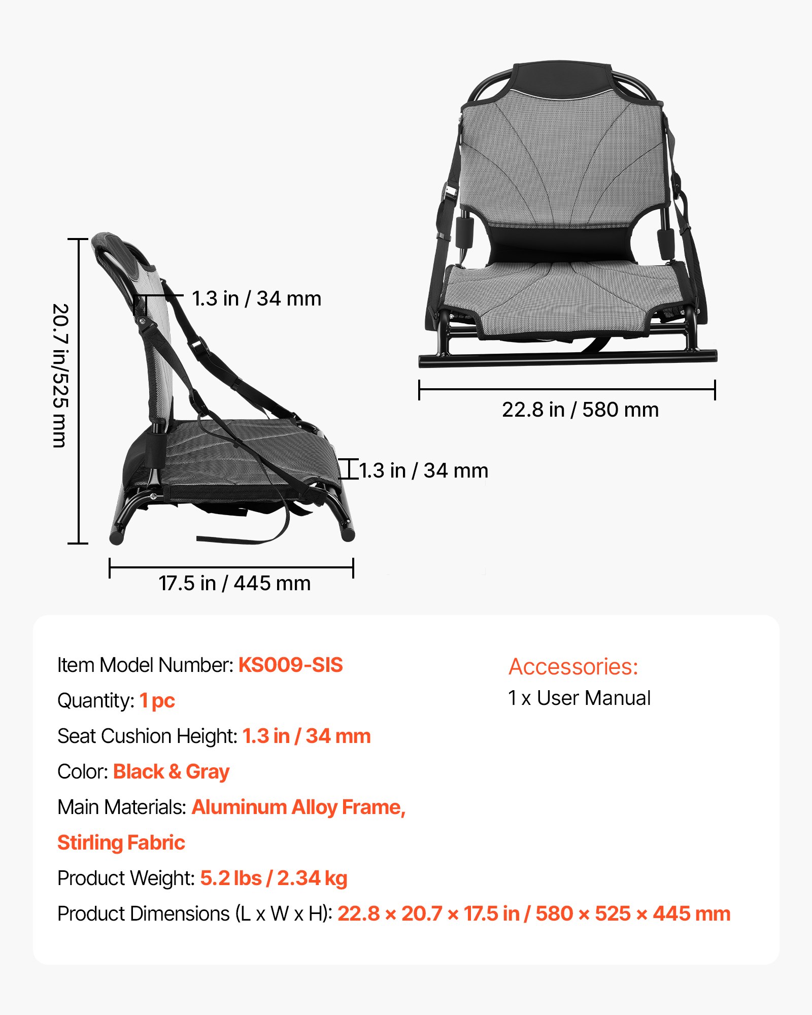 VEVOR Kayak Seat, 1 Pack 1.3" Raised Height, Universal Foldable Canoe Seat with Adjustable Back Support, Adjustable Straps, and Aluminum Alloy Frame for Sit-on-Top/Fishing/Inflatable Kayaks & Canoes