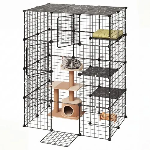 VEVOR Kattenkooi, 4 verdiepingen tellende kattenren, 104,1 x 71,1 x 139,7 cm, doe-het-zelf kattenren, afneembare metalen kooi met 4 deuren, ideaal voor 1-2 katten, kittens, kleine dieren, zwart