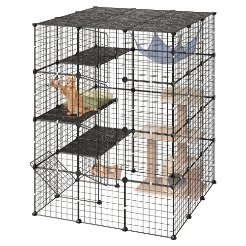VEVOR Kattenkooi, 4 verdiepingen tellende kattenren, 104,1 x 104,1 x 139,7 cm, doe-het-zelf kattenren, afneembare metalen kooi met 4 deuren, ideaal voor 2-3 katten, kittens en kleine dieren, zwart