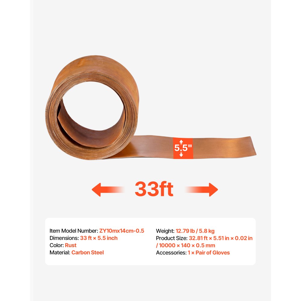 VEVOR gazonrand van koolstofstaal, 10 m x 14 cm, randafwerking incl. handschoenen, metalen tuinhek, maairand, border voor tuinontwerp, randafwerking voor bloembedden en tuinpaden.