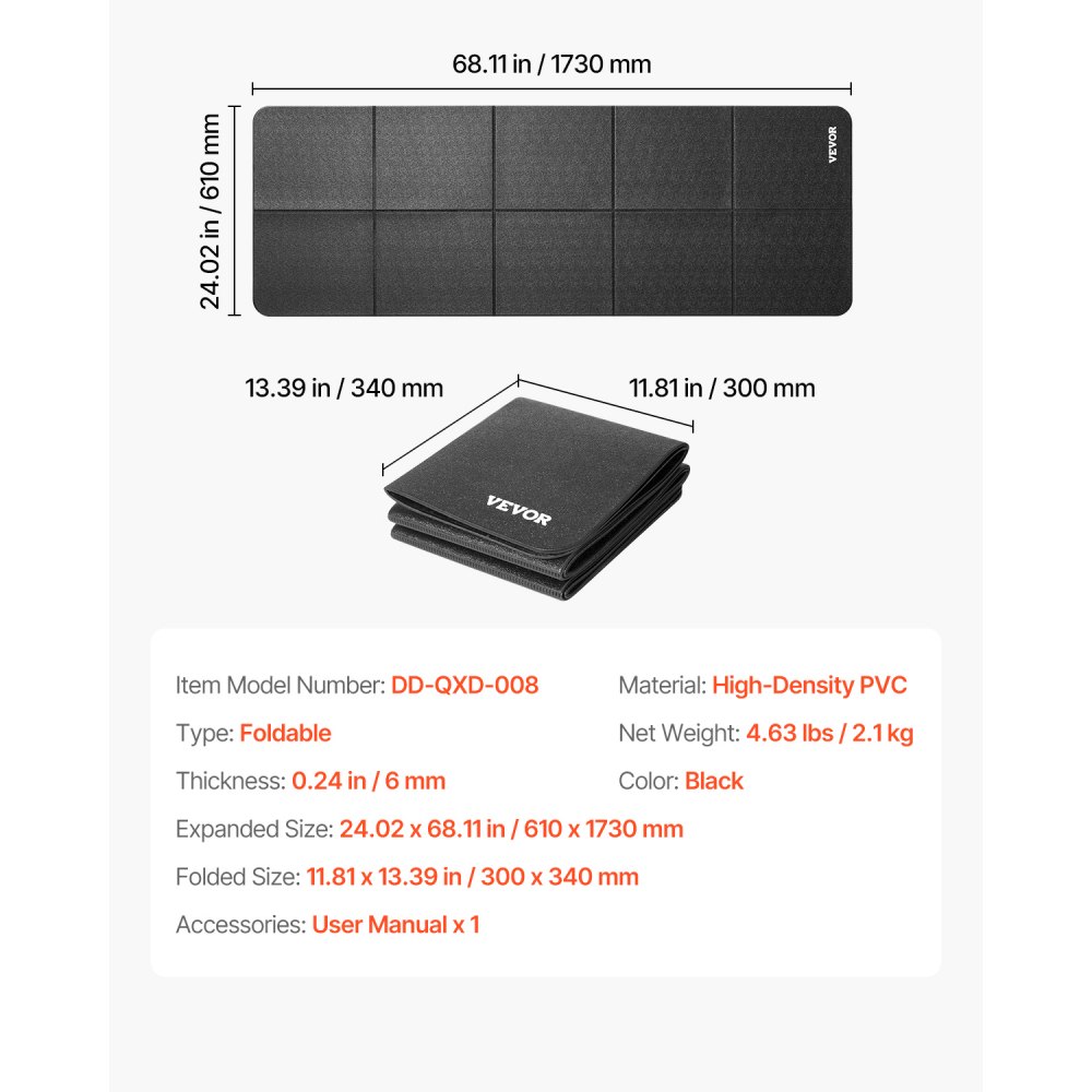VEVOR Foldable Walking Pad Treadmill Mat, 6 mm Thick, 610x1730 mm Exercise Equipment Mat for Elliptical on Carpet Hardwood Floor, High Density PVC Floor Protector, Waterproof and Non-slip for Home Gym