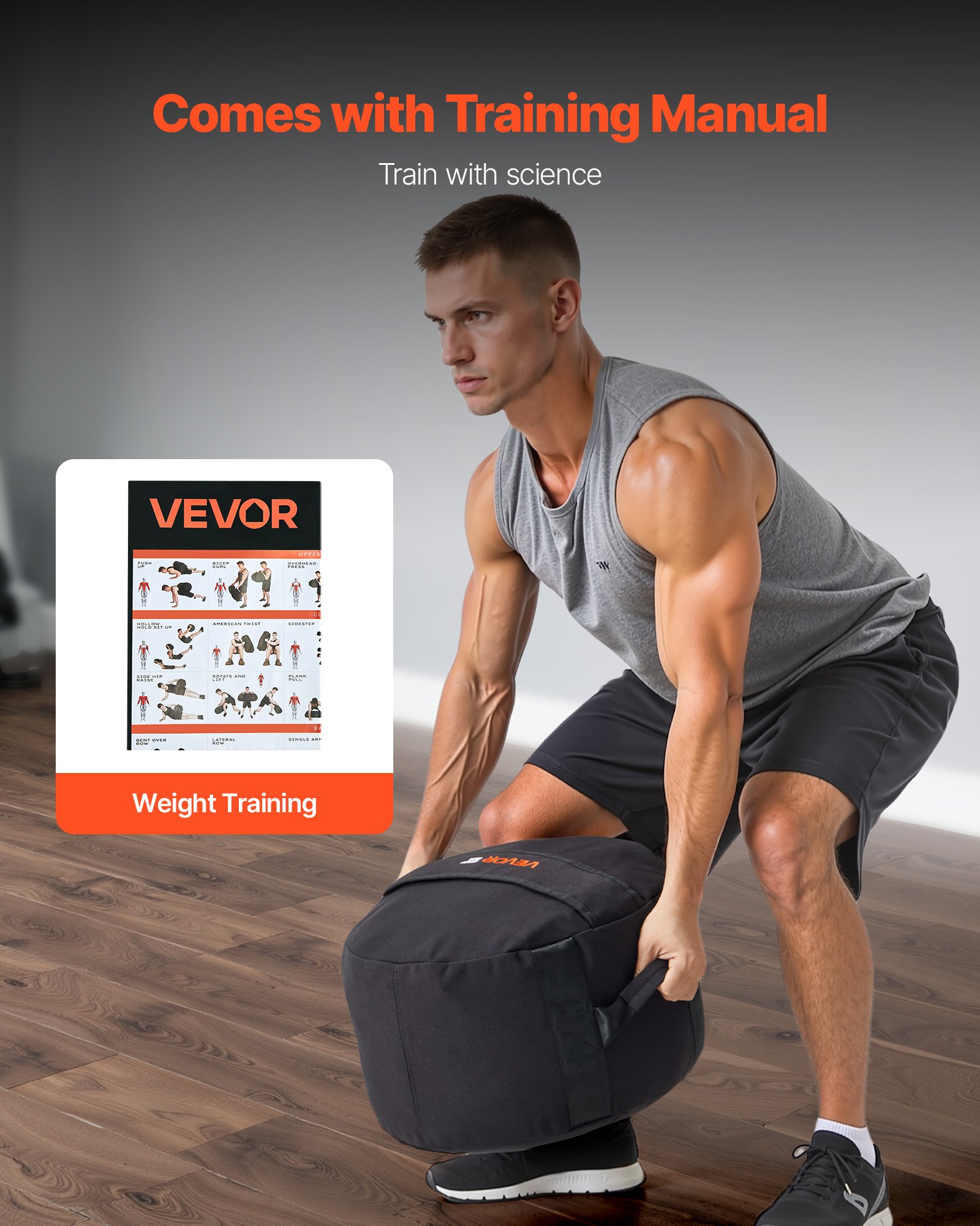 VEVOR Workout Sandbag, robuuste Power Bags zandzak trainingstas met handvatten, 45 kg voor fitness krachttraining, crosstraining, thuisgymoefeningen, zwart (ongevuld)