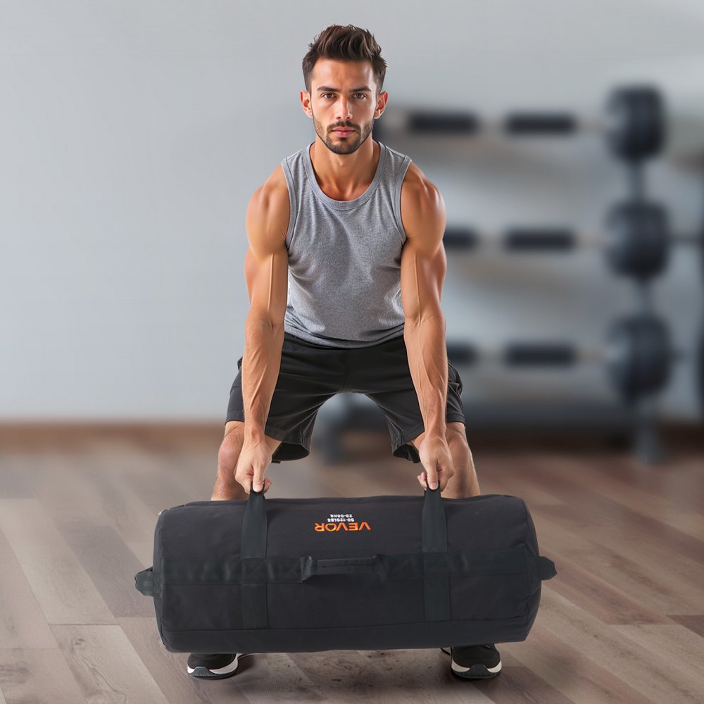 VEVOR Workout Sandbag, robuuste Power Bags zandzak trainingstas met handvatten, 23-56 kg voor fitness krachttraining, crosstraining, gymoefeningen, zwart (ongevuld)