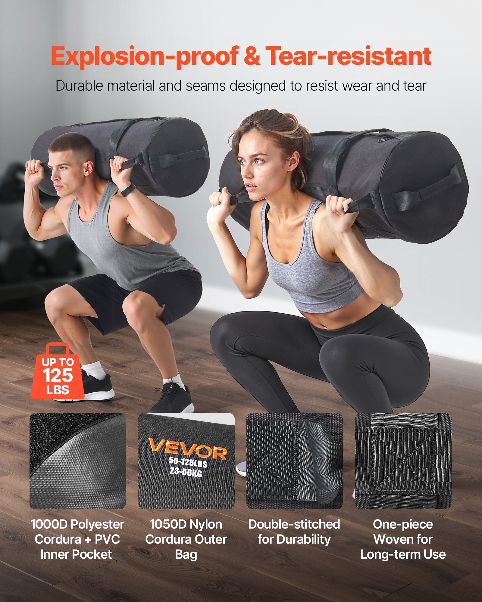 VEVOR Workout Sandbag, robuuste Power Bags zandzak trainingstas met handvatten, 23-56 kg voor fitness krachttraining, crosstraining, gymoefeningen, zwart (ongevuld)