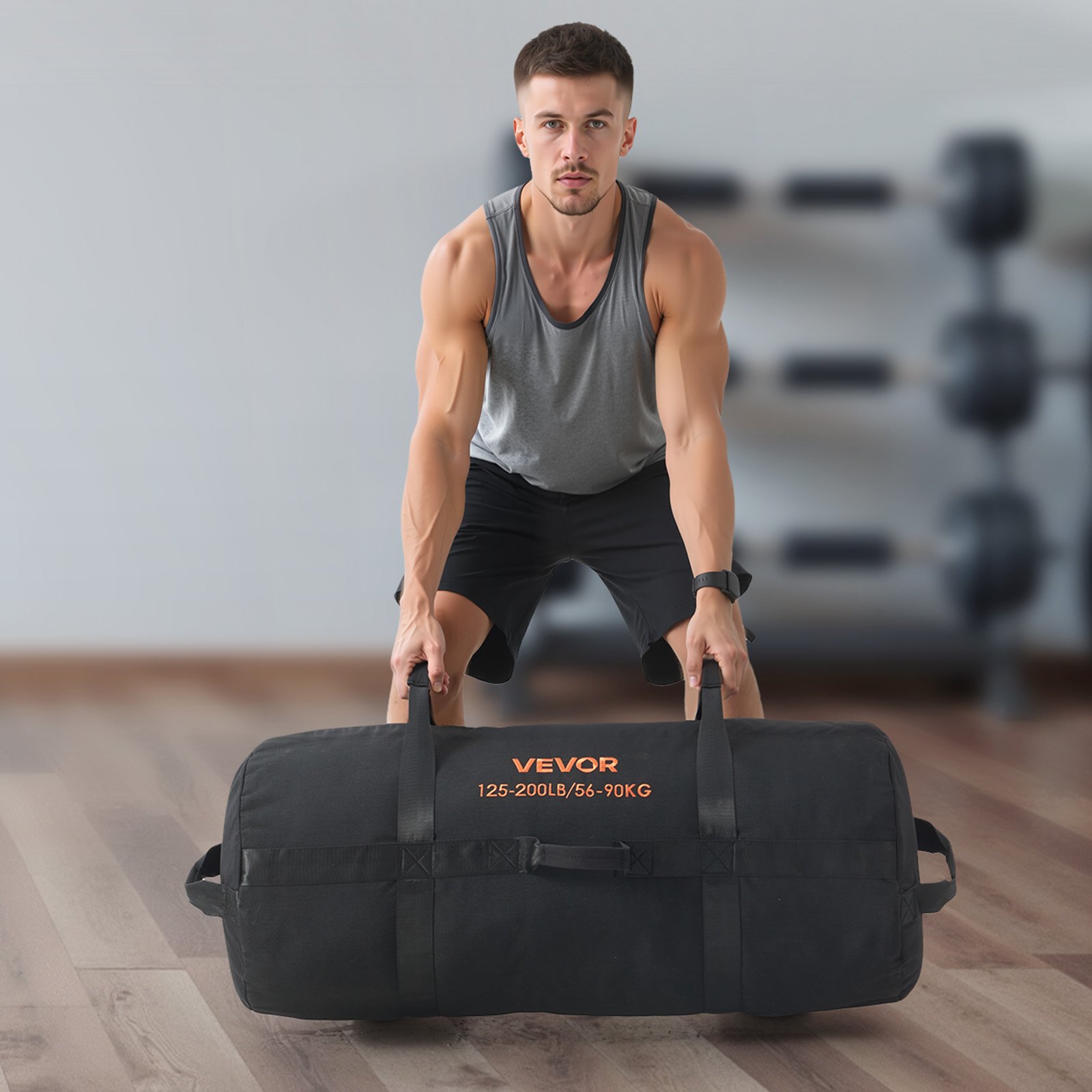 VEVOR Workout Sandbag, robuuste Power Bags zandzak trainingstas met handvatten, verstelbaar 56-90 kg voor fitness krachttraining, crosstraining, gymoefeningen, zwart (ongevuld)