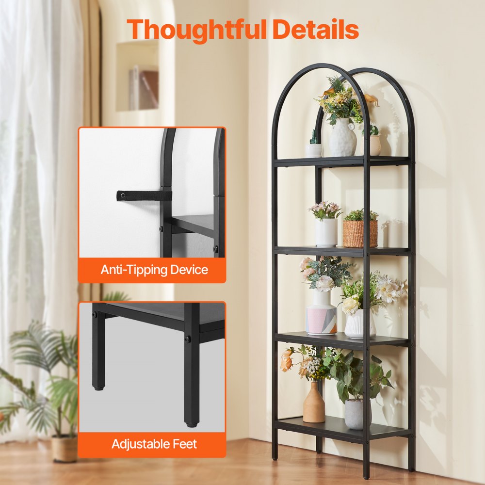 VEVOR Metal Bookshelf, 4-Tier Arched Industrial Bookshelf, Small Rustic Vintage Storage Bookcase with Open Shelves, Freestanding Display Shelving Unit Storage Rack, for Living room, Bedroom & Office