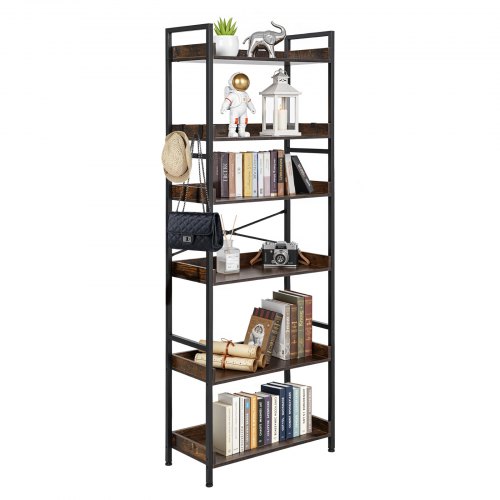 VEVOR Industriële Boekenkast, 6-laags, Vintage Ladderplank met Metalen Frame, Boekenkast met Open Planken, Vrijstaande Plank voor Woonkamer, Slaapkamer, Keuken, Thuiskantoor, Rustiek Bruin