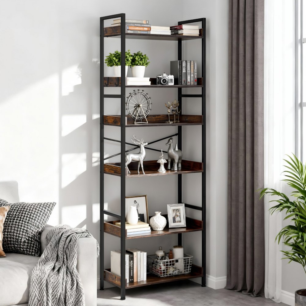 VEVOR Industriële Boekenkast, 6-laags, Vintage Ladderplank met Metalen Frame, Boekenkast met Open Planken, Vrijstaande Plank voor Woonkamer, Slaapkamer, Keuken, Thuiskantoor, Rustiek Bruin