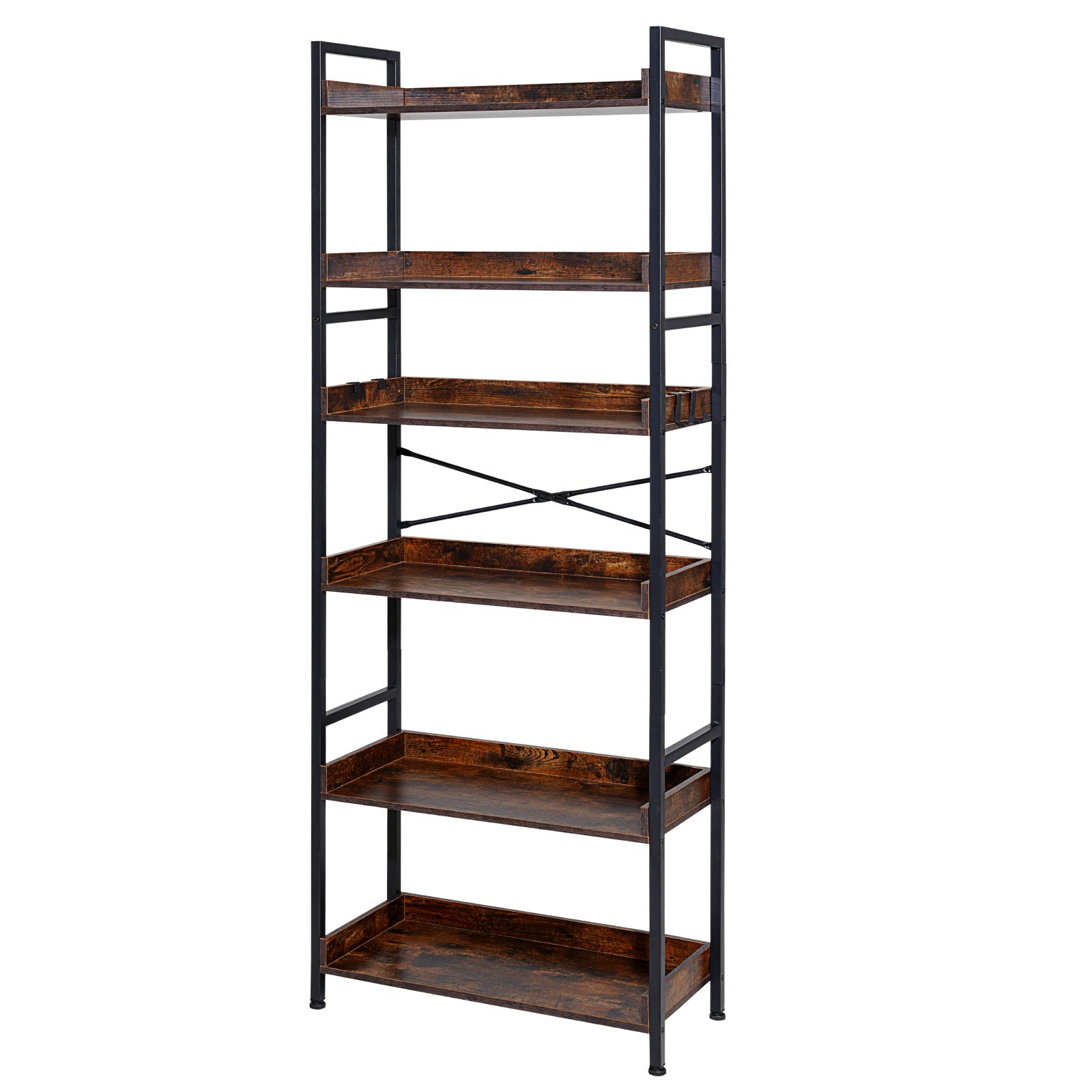 VEVOR Industriële Boekenkast, 6-laags, Vintage Ladderplank met Metalen Frame, Boekenkast met Open Planken, Vrijstaande Plank voor Woonkamer, Slaapkamer, Keuken, Thuiskantoor, Rustiek Bruin