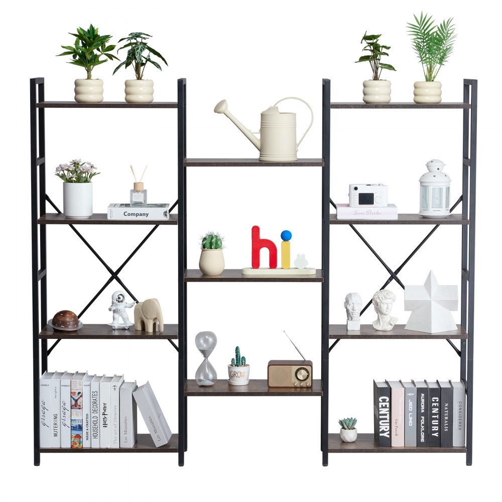 VEVOR Triple Metal Bookshelf, 11-Tier Industrial Bookshelf, Large Rustic Vintage Storage Bookcase with Open Shelves, Freestanding Display Shelving Unit Storage Rack, for Living room, Bedroom & Office