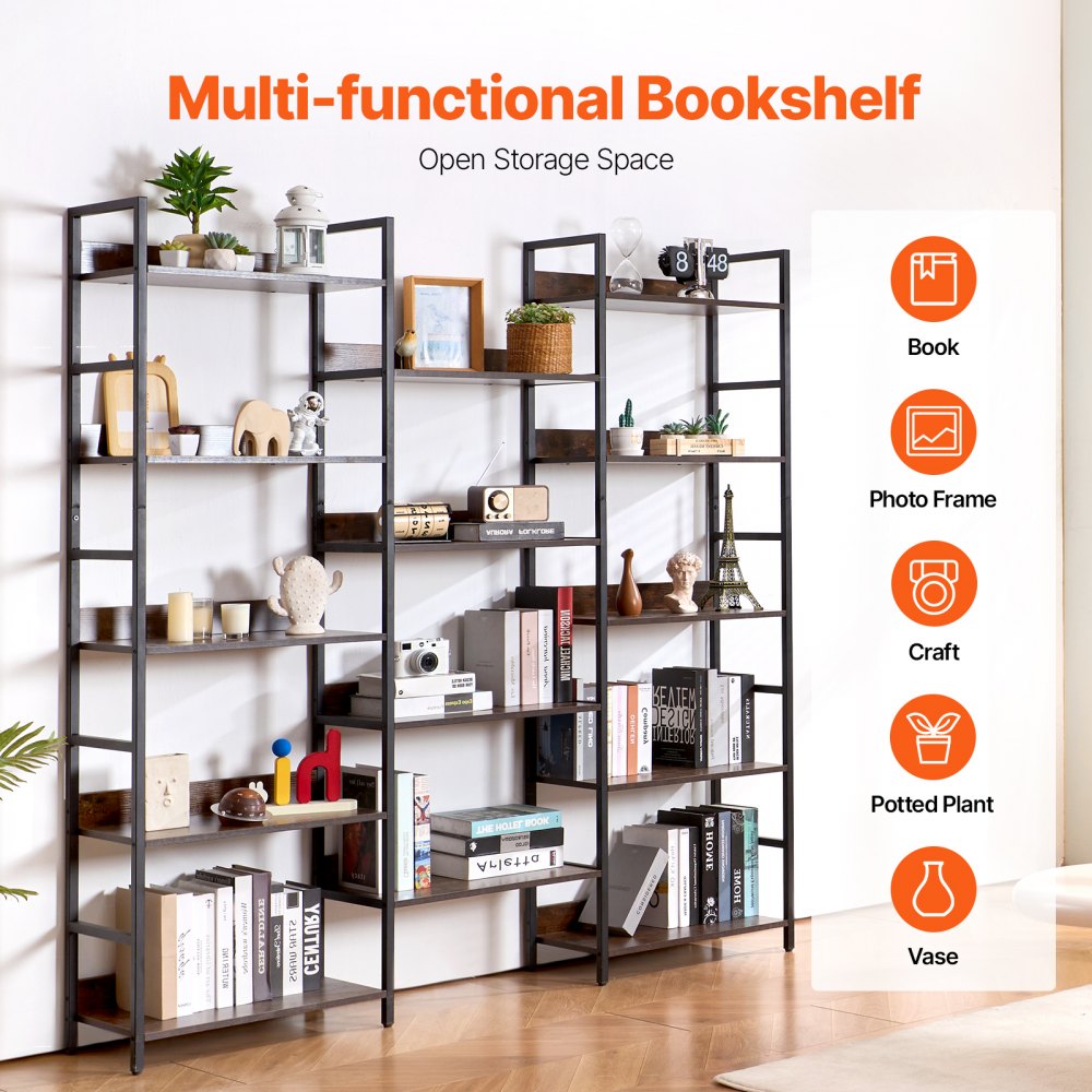 VEVOR Triple Metal Bookshelf, 14-Tier Industrial Bookshelf, Large Rustic Vintage Storage Bookcase with Open Shelves, Freestanding Display Shelving Unit Storage Rack, for Living room, Bedroom & Office
