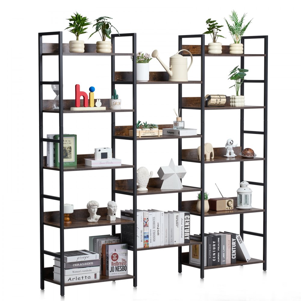 VEVOR Triple Metal Bookshelf, 14-Tier Industrial Bookshelf, Large Rustic Vintage Storage Bookcase with Open Shelves, Freestanding Display Shelving Unit Storage Rack, for Living room, Bedroom & Office