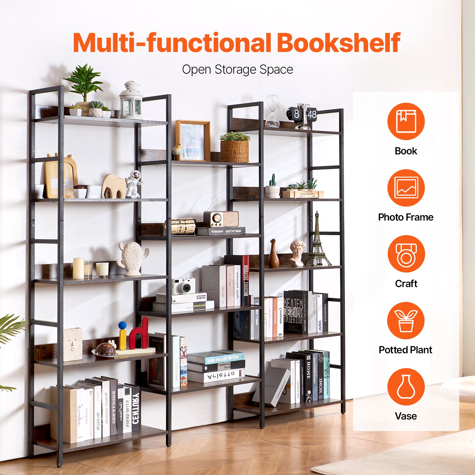 VEVOR Triple Metal Bookshelf, 14-Tier Industrial Bookshelf, Large Rustic Vintage Storage Bookcase with Open Shelves, Freestanding Display Shelving Unit Storage Rack, for Living room, Bedroom & Office