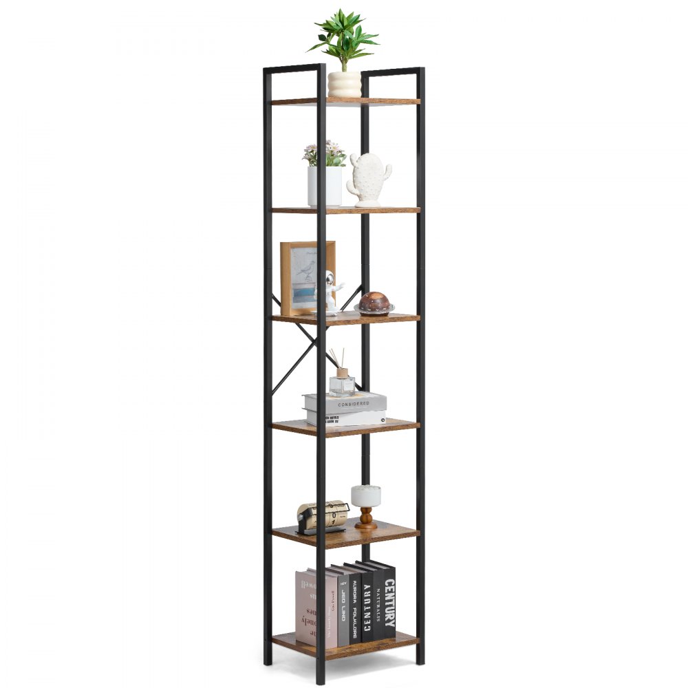 VEVOR Metalen boekenkast, 6-laags rechthoekige industriële boekenplank, rustiek opbergrek met open planken, vrijstaand displayplank-opbergrek, 30 x 40 x 187 cm