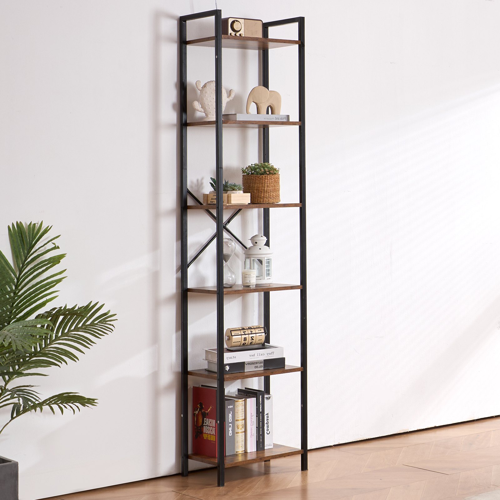 VEVOR Metalen boekenkast, 6-laags rechthoekige industriële boekenplank, rustiek opbergrek met open planken, vrijstaand displayplank-opbergrek, 30 x 40 x 187 cm