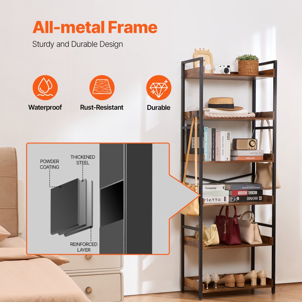 VEVOR Metal Bookshelf, 6-Tier Industrial Bookshelf, Tall Wide Rustic Vintage Storage Bookcase with Open Shelves, Freestanding Display Shelving Unit Storage Rack, for Living room, Bedroom & Office