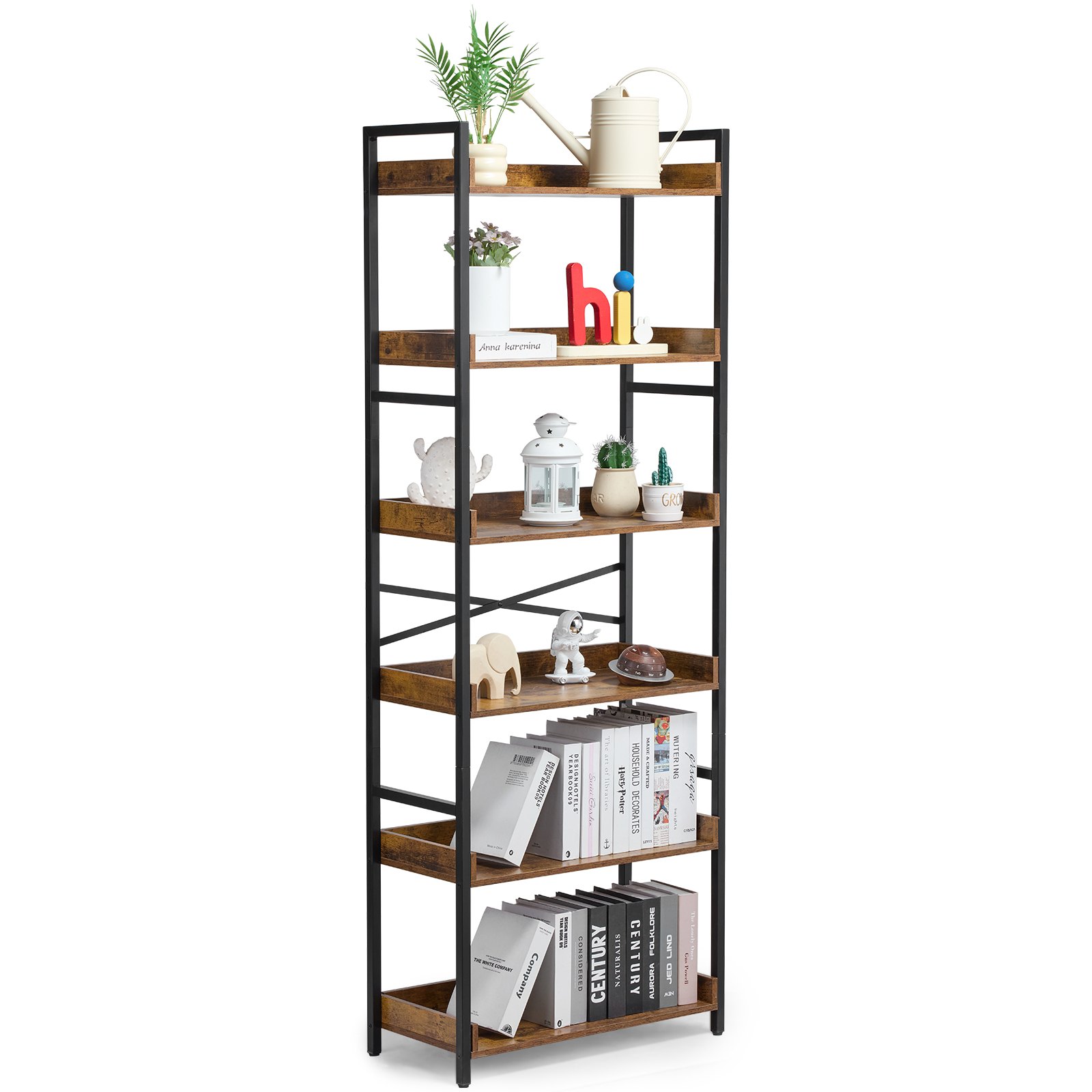 VEVOR Metal Bookshelf, 6-Tier Industrial Bookshelf, Tall Wide Rustic Vintage Storage Bookcase with Open Shelves, Freestanding Display Shelving Unit Storage Rack, for Living room, Bedroom & Office