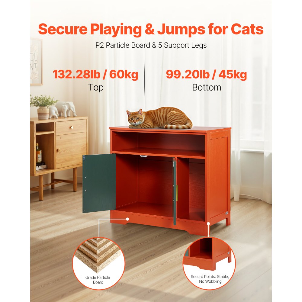 VEVOR Cat Litter Box Enclosure, 31 in Hidden Litter Box Cabinet with Shelf & Storage, Modern Style Indoor Cat Washroom, Wooden Kitty House Furniture End Table, Fit Most Litterboxes, Red & Green