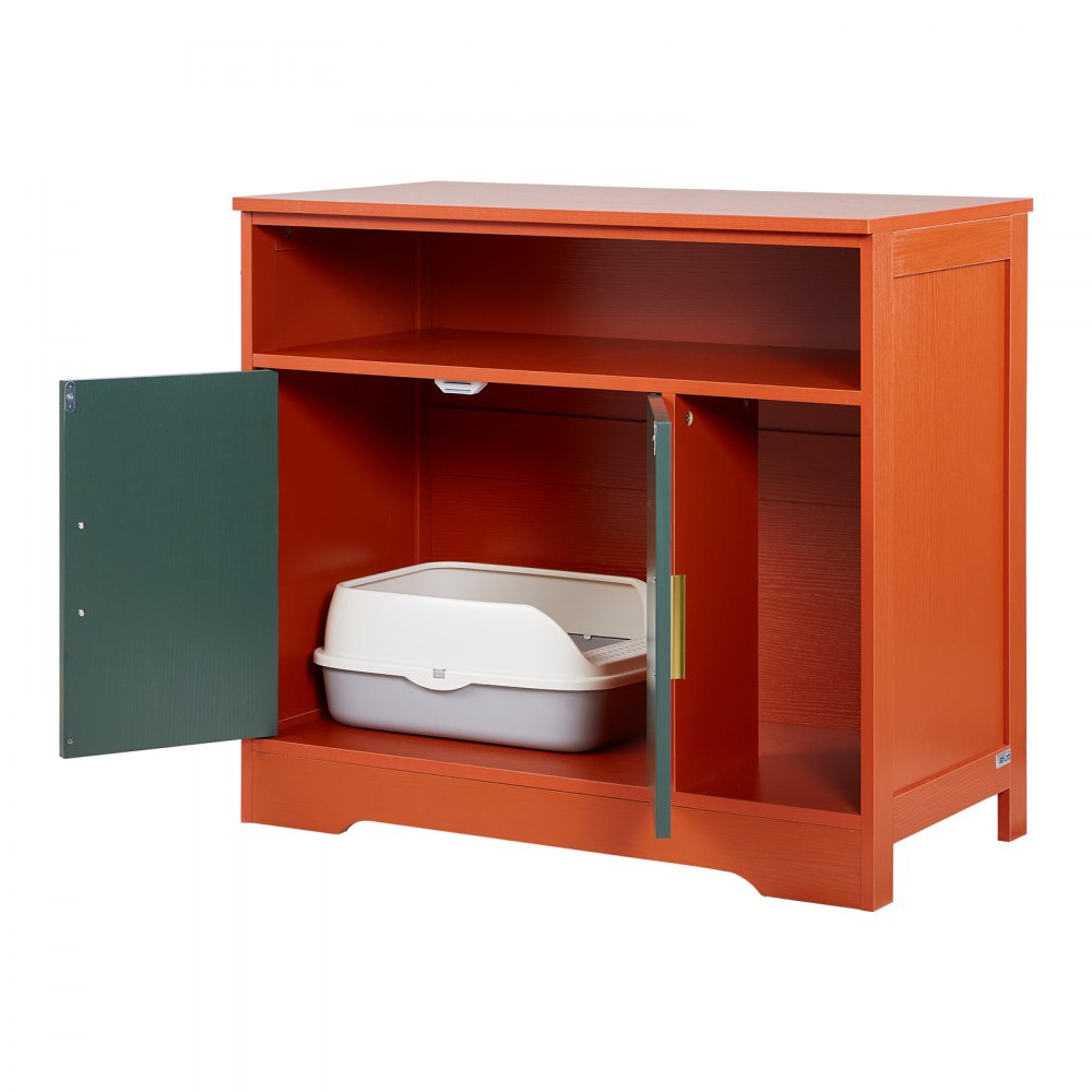 VEVOR Cat Litter Box Enclosure, 31 in Hidden Litter Box Cabinet with Shelf & Storage, Modern Style Indoor Cat Washroom, Wooden Kitty House Furniture End Table, Fit Most Litterboxes, Red & Green