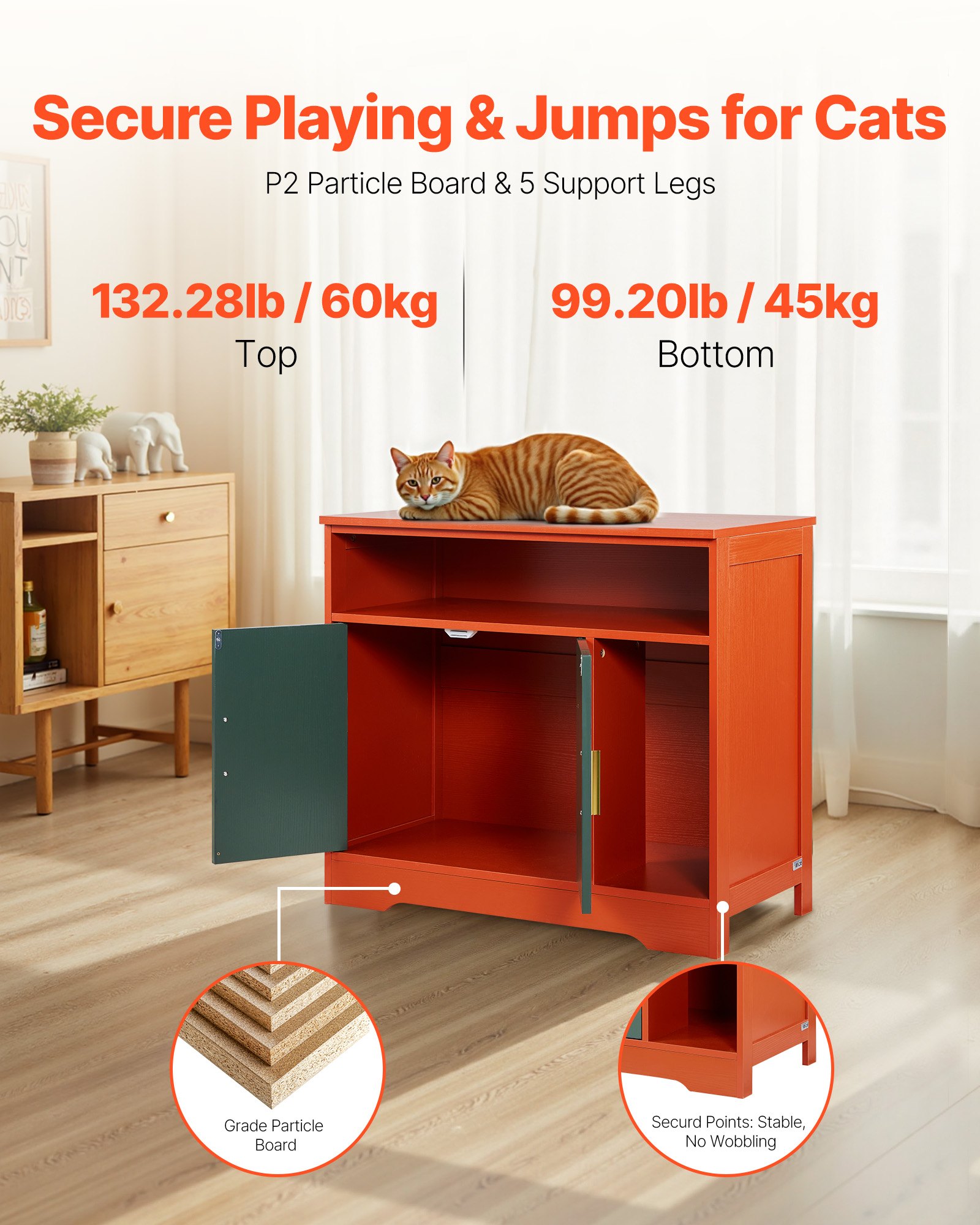 VEVOR Kattenbakkast 792x430x710 mm, Kattenbakkast met plank en opbergruimte, Modern houten kattenhuis voor binnen, Past op de meeste kattenbakken, Rood & Groen