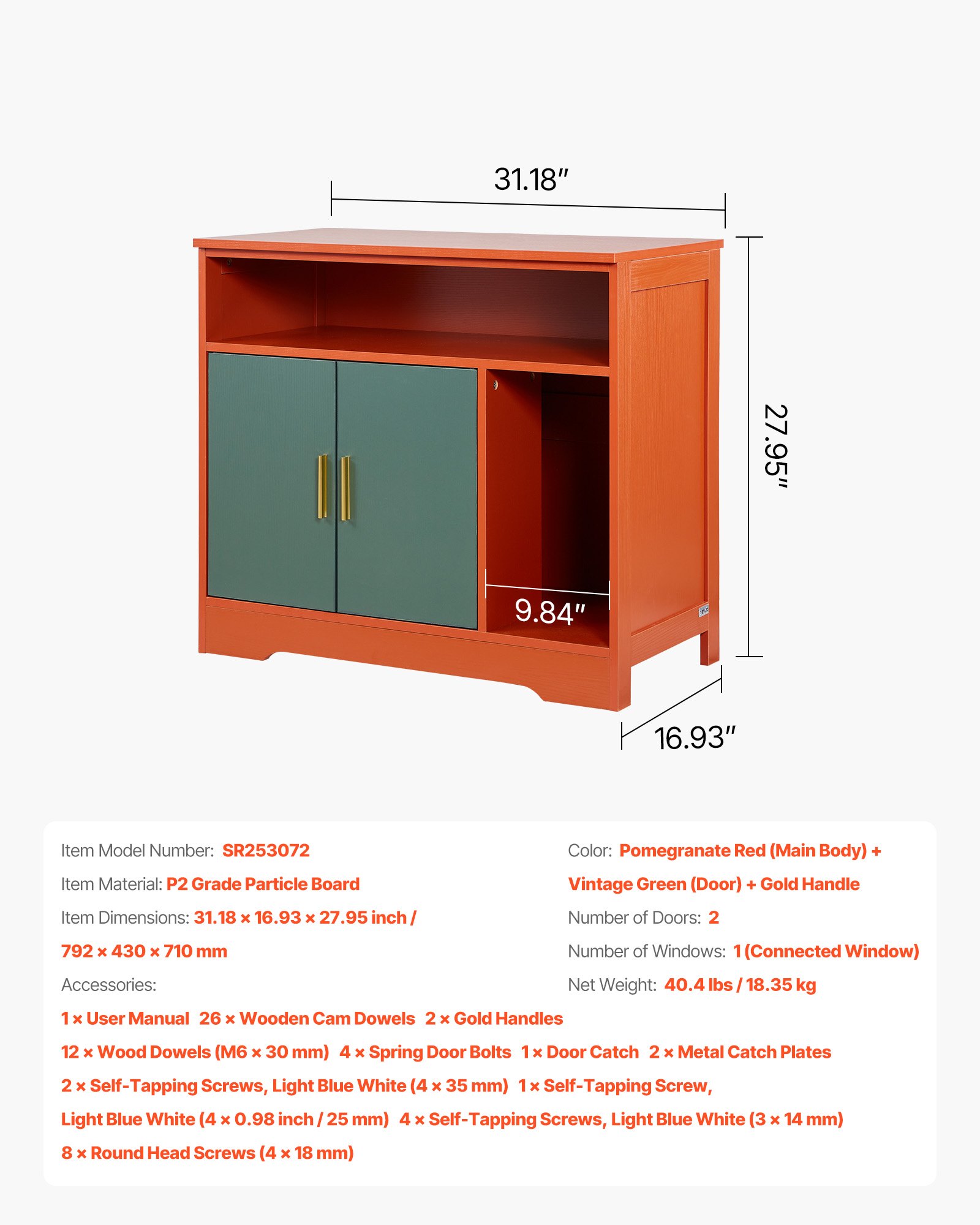 VEVOR Kattenbakkast 792x430x710 mm, Kattenbakkast met plank en opbergruimte, Modern houten kattenhuis voor binnen, Past op de meeste kattenbakken, Rood & Groen